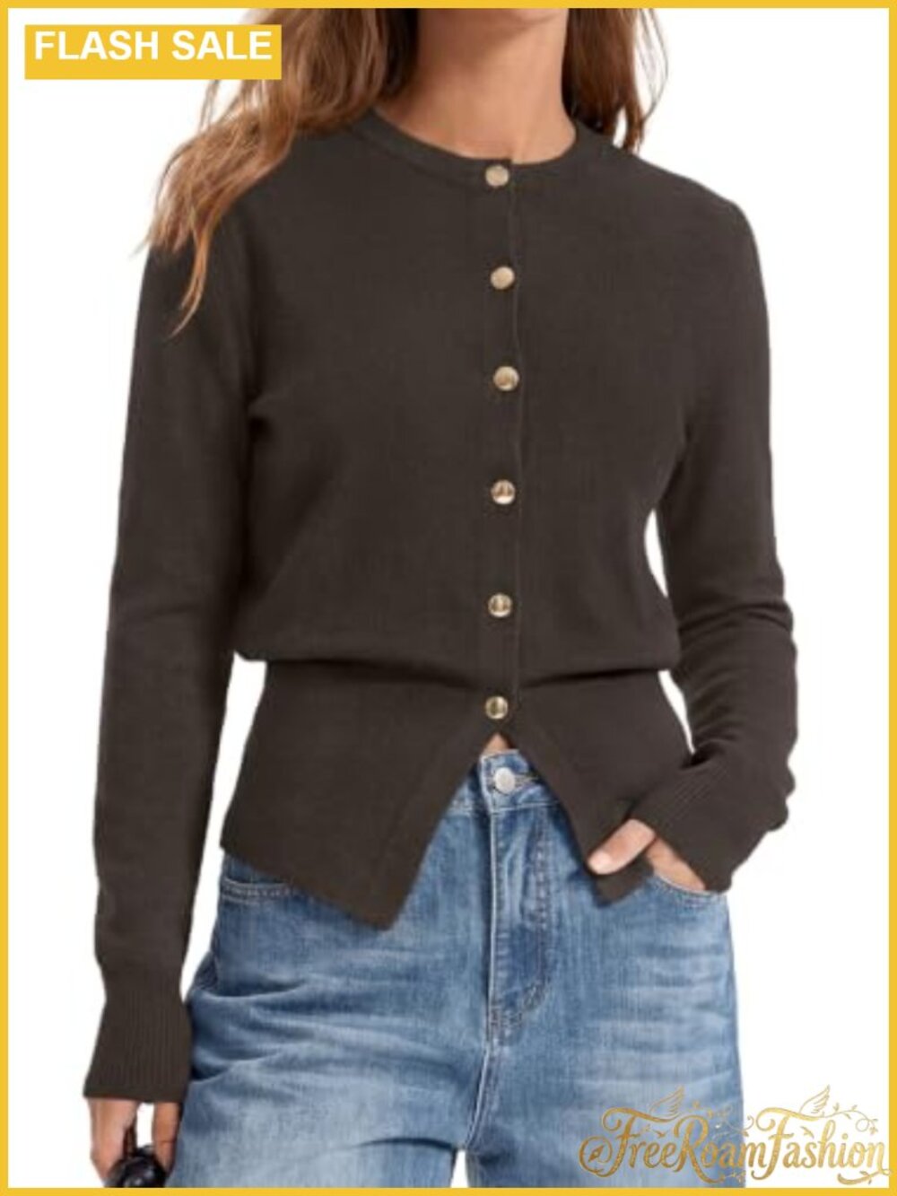 Knit Button Down Cardigan Sweater with Cinched Waist and Split Hem